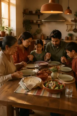 Hispanic Family Praying Before Dinner Together