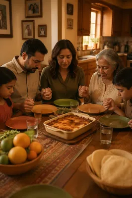 Hispanic Family Praying Before Dinner Together