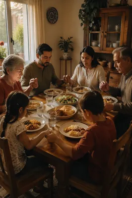 Hispanic Family Praying Before Dinner Together