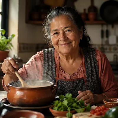 Smiling Hispanic Grandmother Cooking in Kitchen