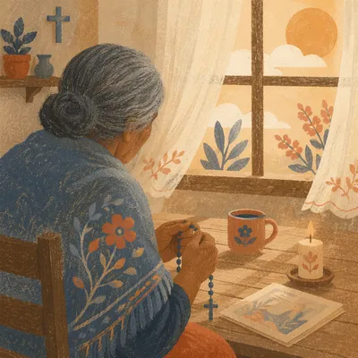 Hispanic Grandmother Praying Rosary by Window