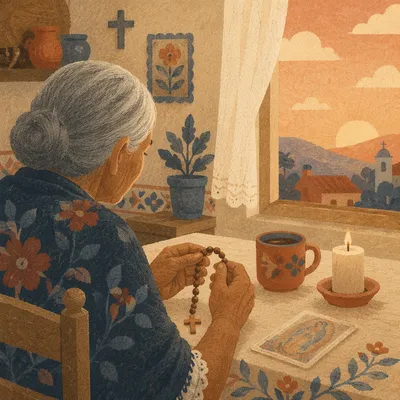 Devoted Hispanic Grandmother Praying with Rosary