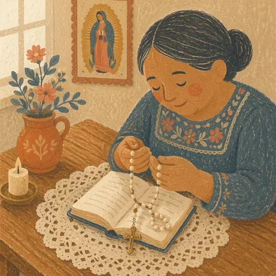 Hispanic Grandmother Rosary Prayer in Soft Light
