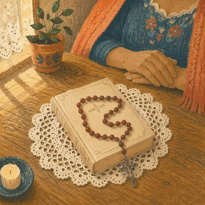 Hispanic Grandmother Rosary Prayer Still Life