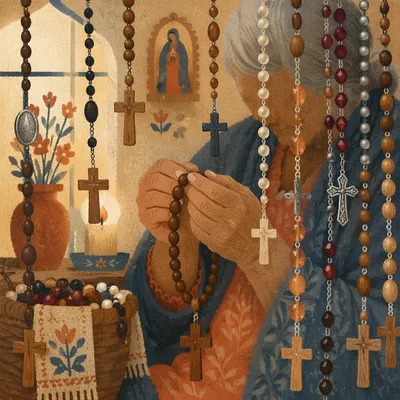 Devoted Hispanic Grandmother Holding Rosary in Prayer
