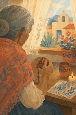 Hispanic Grandmother Praying with Rosary at Window