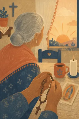 Devoted Hispanic Grandmother Praying with Rosary
