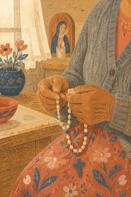 Hispanic Grandmother Holding Rosary in Morning Prayer