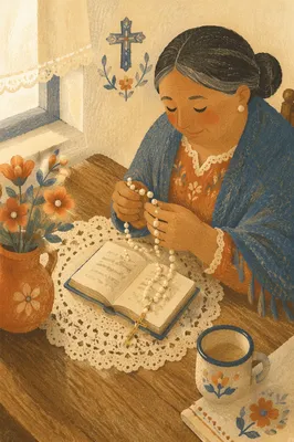 Hispanic Grandmother Holding Rosary in Prayer
