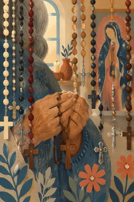 Hispanic Grandmother Holding Rosary in Prayer
