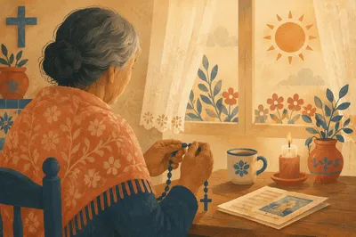 Hispanic Grandmother Praying with Rosary at Sunrise