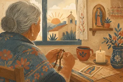 Devoted Hispanic Grandmother Praying with Rosary