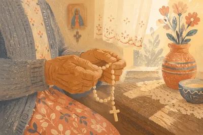 Devoted Hispanic Grandmother Holding Rosary in Prayer