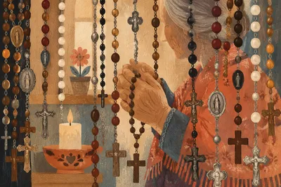 Devoted Grandmother Holding Rosary in Prayer