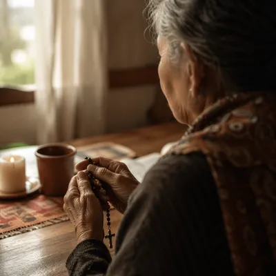 Hispanic Grandmother Praying with Rosary at Dawn