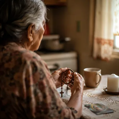 Devoted Hispanic Grandmother Praying with Rosary