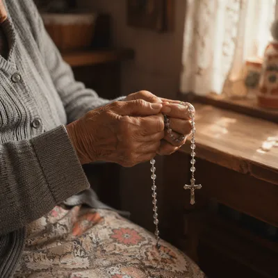 Devoted Grandmother Holding Rosary in Morning Light
