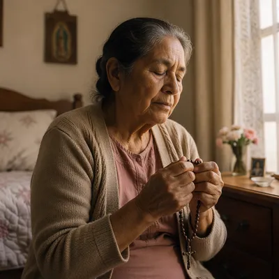 Hispanic Grandmother Praying with Rosary at Window