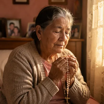 Devoted Hispanic Grandmother Praying with Rosary