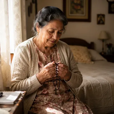 Hispanic Grandmother Praying with Rosary at Window