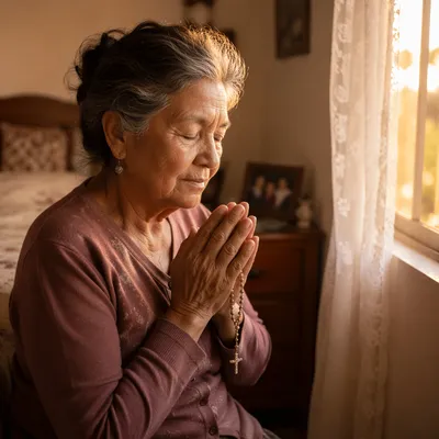 Hispanic Grandmother Praying with Rosary at Dawn