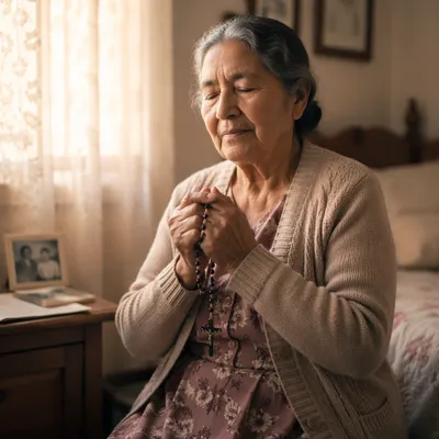 Devoted Hispanic Grandmother Praying with Rosary