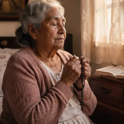 Hispanic Grandmother Praying with Rosary at Dawn