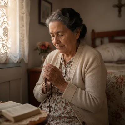 Elderly Hispanic Woman Praying by Window