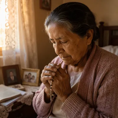 Elderly Woman Praying with Rosary at Dawn