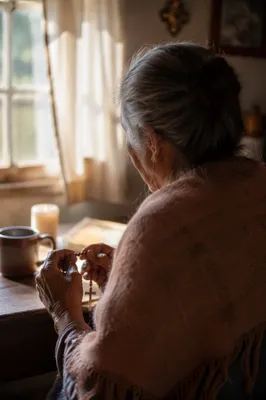Hispanic Grandmother Praying with Rosary at Dawn