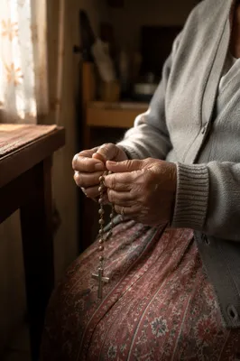 Elderly Hispanic Grandmother Holding Rosary in Prayer