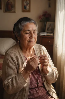 Hispanic Grandmother Praying with Rosary by Window