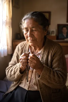 Devoted Hispanic Grandmother Praying with Rosary