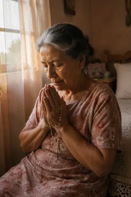 Hispanic Grandmother Praying with Rosary at Dawn