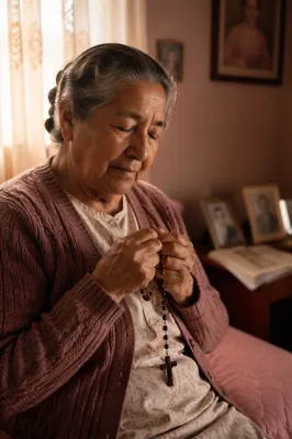 Hispanic Grandmother Praying with Rosary at Dawn