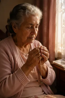 Hispanic Grandmother Praying with Rosary at Dawn