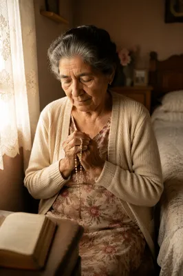 Elderly Woman Praying with Rosary by Window