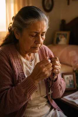 Elderly Woman Praying with Rosary by Window