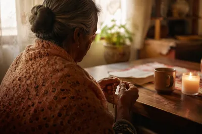 Hispanic Grandmother Praying with Rosary at Dawn