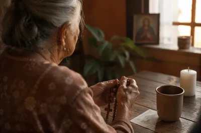 Devoted Hispanic Grandmother Praying with Rosary