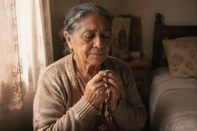 Elderly Woman Praying with Rosary by Window