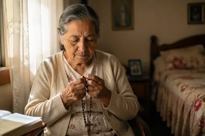 Elderly Woman Praying with Rosary by Window