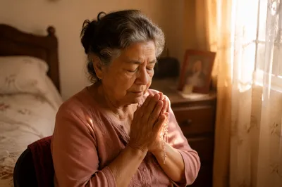 Elderly Woman Praying by Bedroom Window
