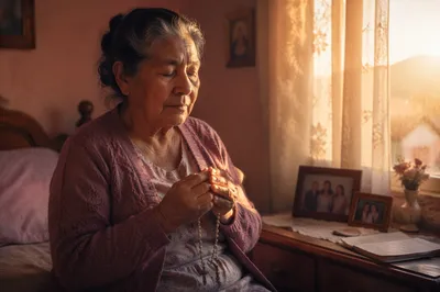 Elderly Woman Praying by Bedroom Window