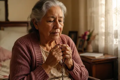 Elderly Hispanic Woman Praying with Rosary