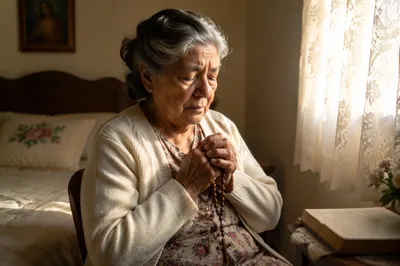 Elderly Woman Praying by Sunlit Window