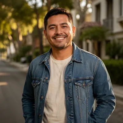 Friendly Latino Man on Tree-Lined Street