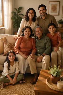 Multigenerational Hispanic Family in Warm Living Room
