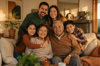 Hispanic Multigenerational Family in Cozy Living Room