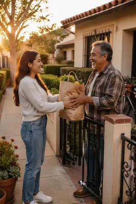 Neighbors Exchanging Groceries at Golden Hour